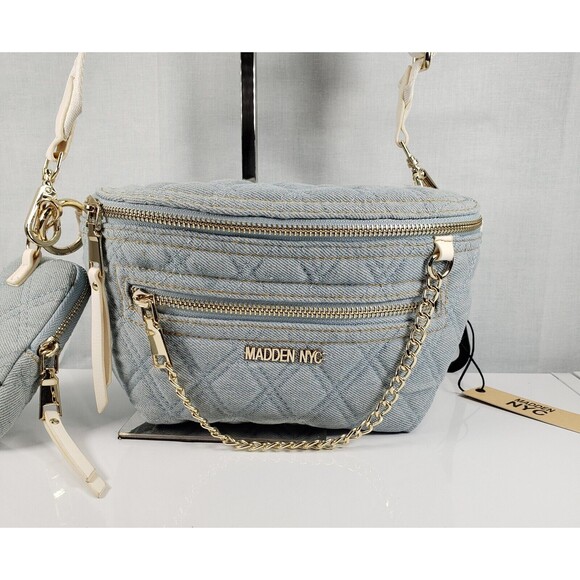 Madden NYC Women's Gold Chain Pocket Fanny Pack Crossbody with Pouch Denim New - Picture 4 of 16